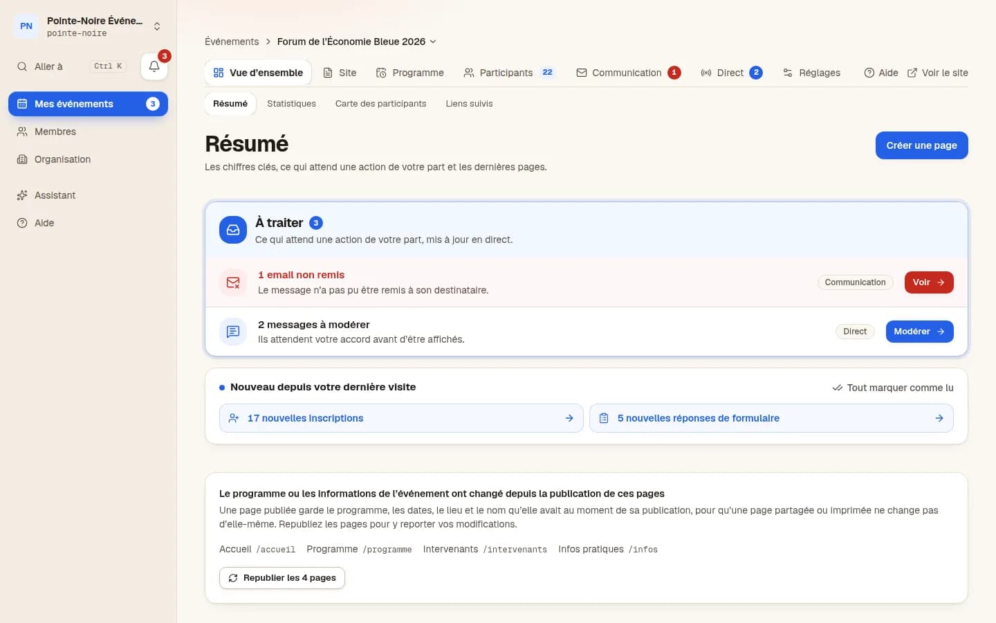Capture du tableau de bord LiveEvent : la vue d’ensemble d’un événement, avec ce qui reste à traiter et les chiffres du jour